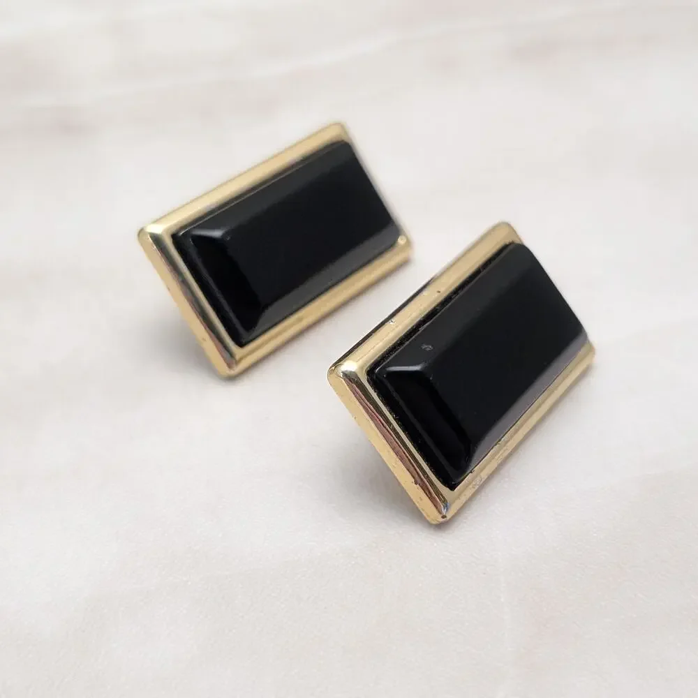Vintage Clip On Earrings 1.75" Black with Gold Tone Halo Large - Fair Condition_2
